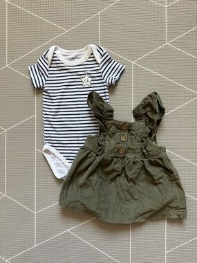 Carters|Baby girl boho set,white Striped Onesie & Olive corduroy pinafore dress•